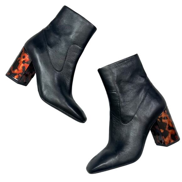 Michael Kors | Marcella Black Leather Tortoise Heeled Designer Ankle Boots 9 - Picture 1 of 9